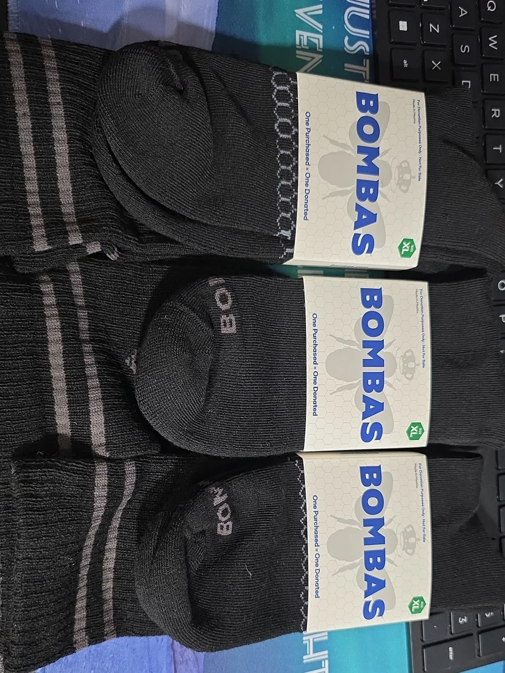Bombas Black Crew Socks with Gray Stripe Accents (3-Pack) New